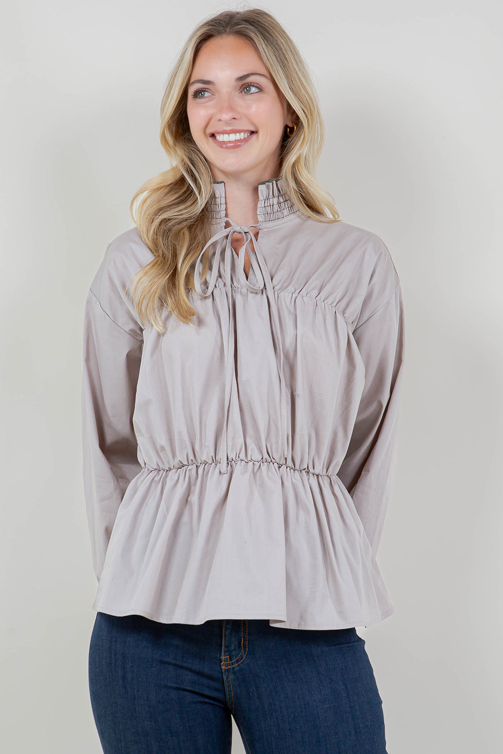 LS SMOCKED RUFFLE STAND COLLAR TOP - T11725-PPLN