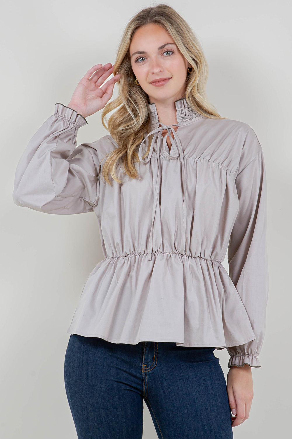 LS SMOCKED RUFFLE STAND COLLAR TOP - T11725-PPLN