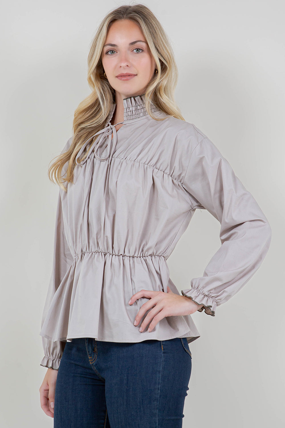 LS SMOCKED RUFFLE STAND COLLAR TOP - T11725-PPLN