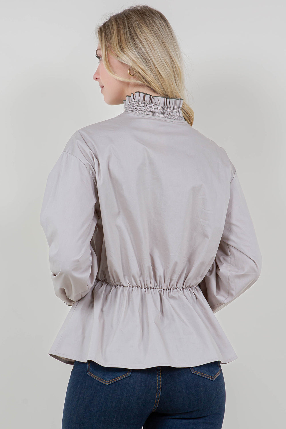 LS SMOCKED RUFFLE STAND COLLAR TOP - T11725-PPLN