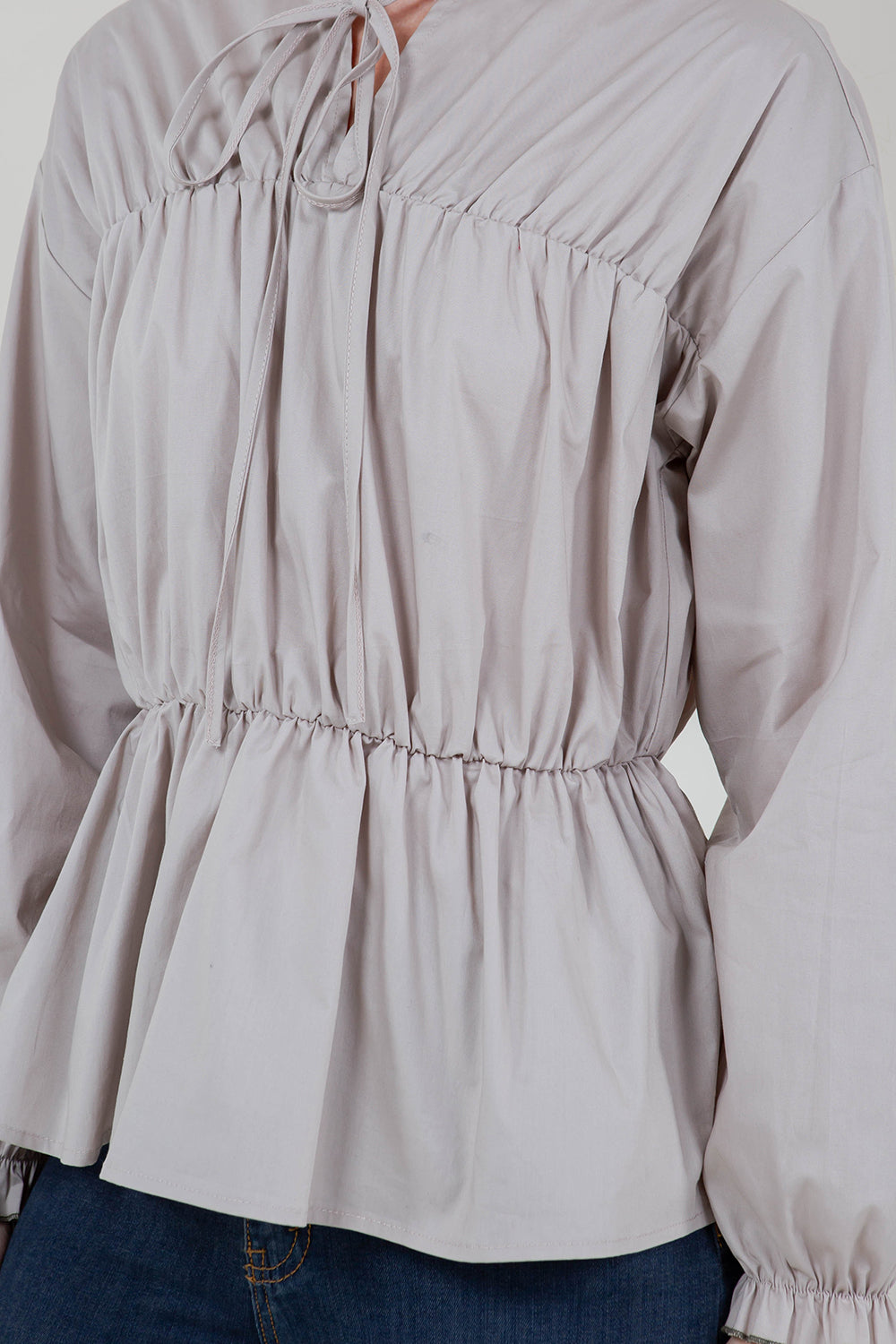 LS SMOCKED RUFFLE STAND COLLAR TOP - T11725-PPLN