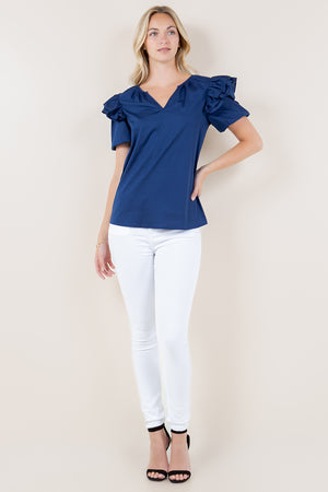 ELB DOUBLE LAYER PUFF SLV NOTCH NK TOP - T11726-PPLN