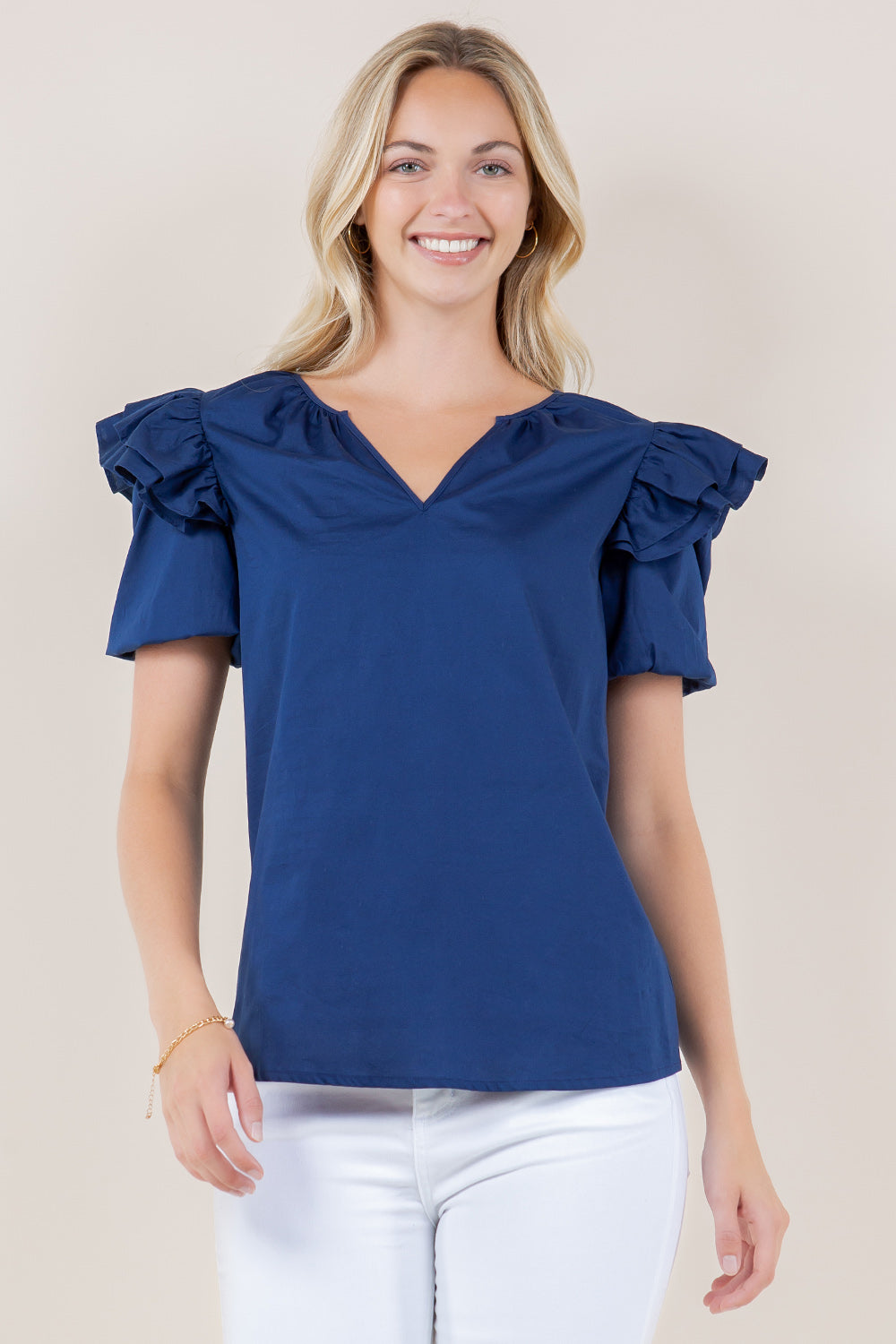 ELB DOUBLE LAYER PUFF SLV NOTCH NK TOP - T11726-PPLN