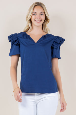 ELB DOUBLE LAYER PUFF SLV NOTCH NK TOP - T11726-PPLN