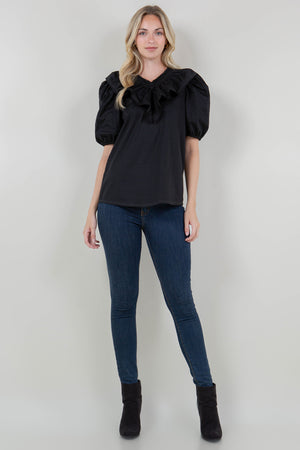 ELB SLV SMOCKED WIDE RUFFLE V NK TOP - T11727-PPLN