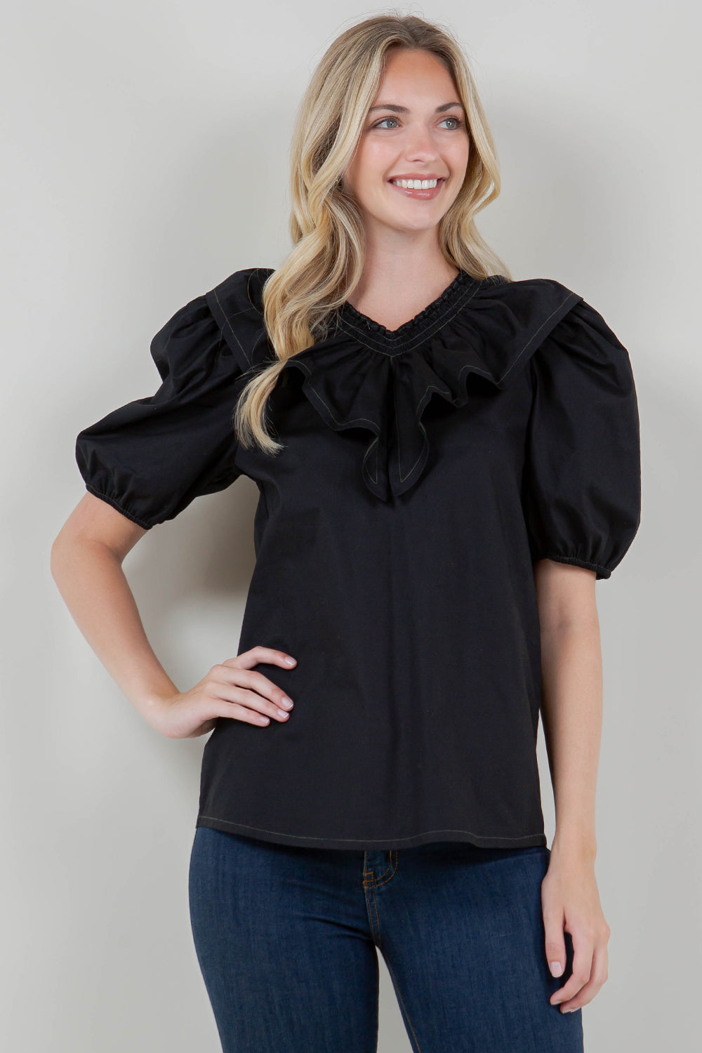 ELB SLV SMOCKED WIDE RUFFLE V NK TOP - T11727-PPLN