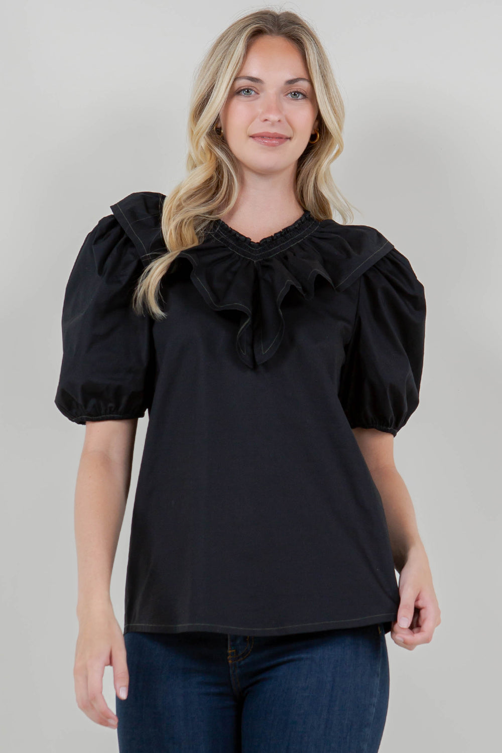 ELB SLV SMOCKED WIDE RUFFLE V NK TOP - T11727-PPLN