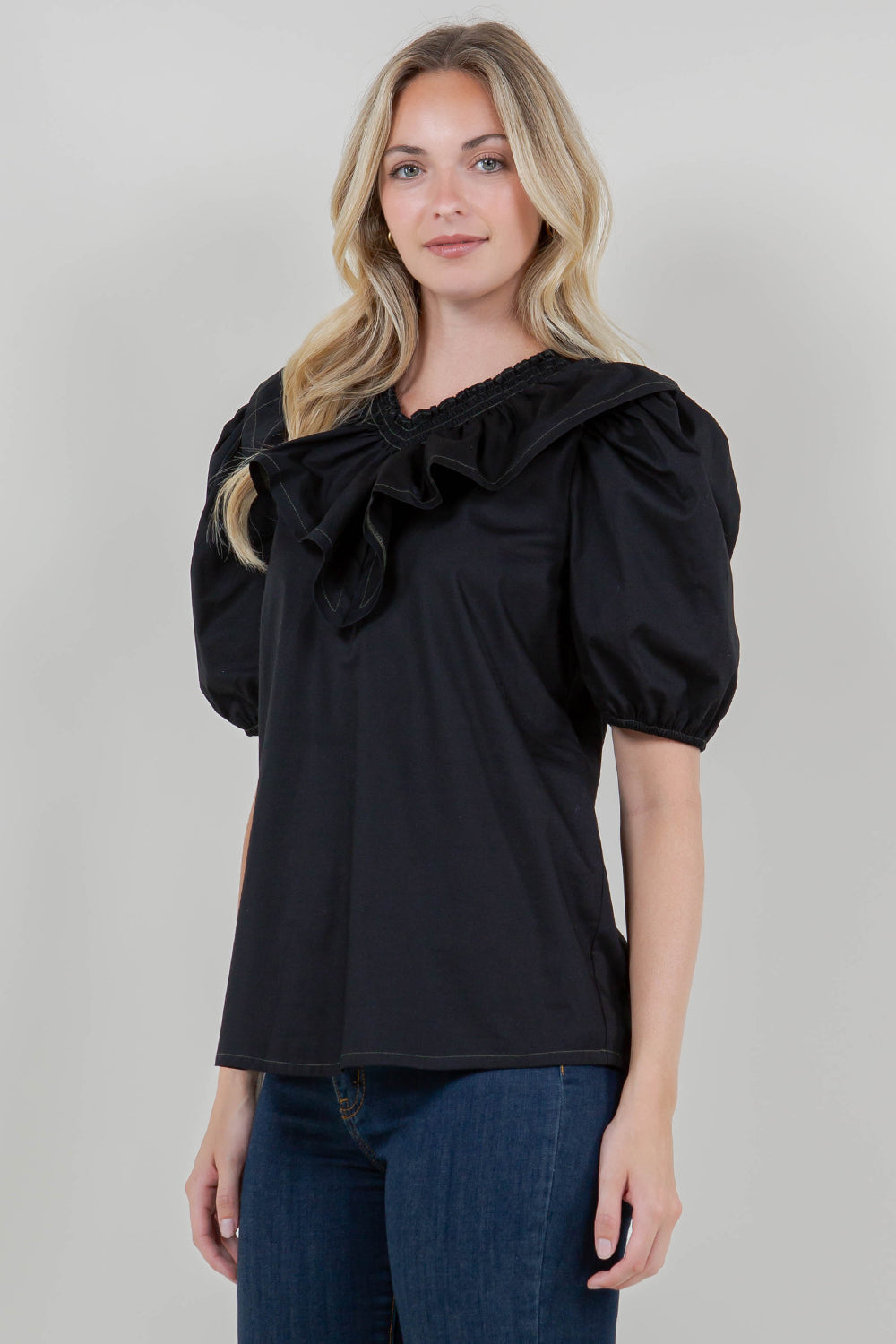 ELB SLV SMOCKED WIDE RUFFLE V NK TOP - T11727-PPLN