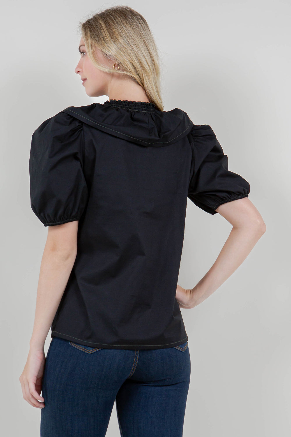 ELB SLV SMOCKED WIDE RUFFLE V NK TOP - T11727-PPLN