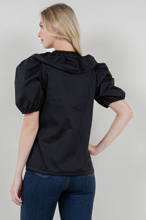 ELB SLV SMOCKED WIDE RUFFLE V NK TOP - T11727-PPLN