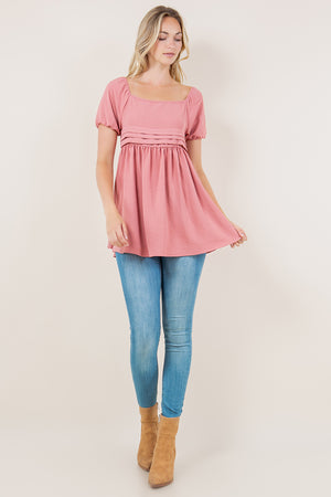 CAP PUFF SS PLEATED BABYDOLL DRESS TOP - T11734-MT-AFLW-MAUVE