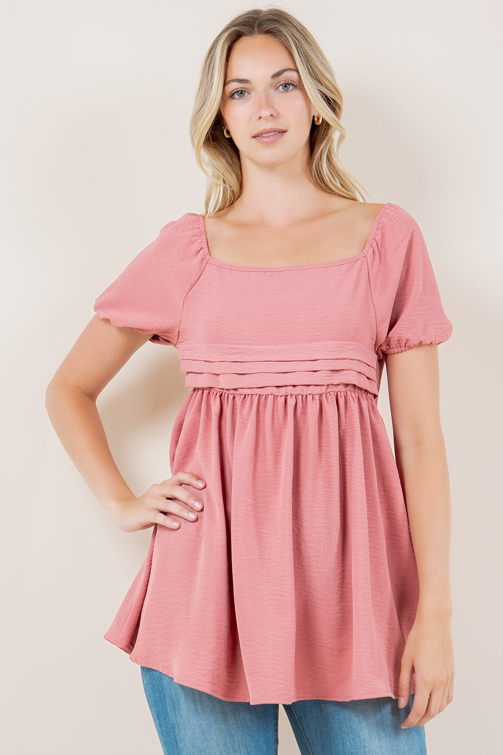 CAP PUFF SS PLEATED BABYDOLL DRESS TOP - T11734-MT-AFLW-MAUVE