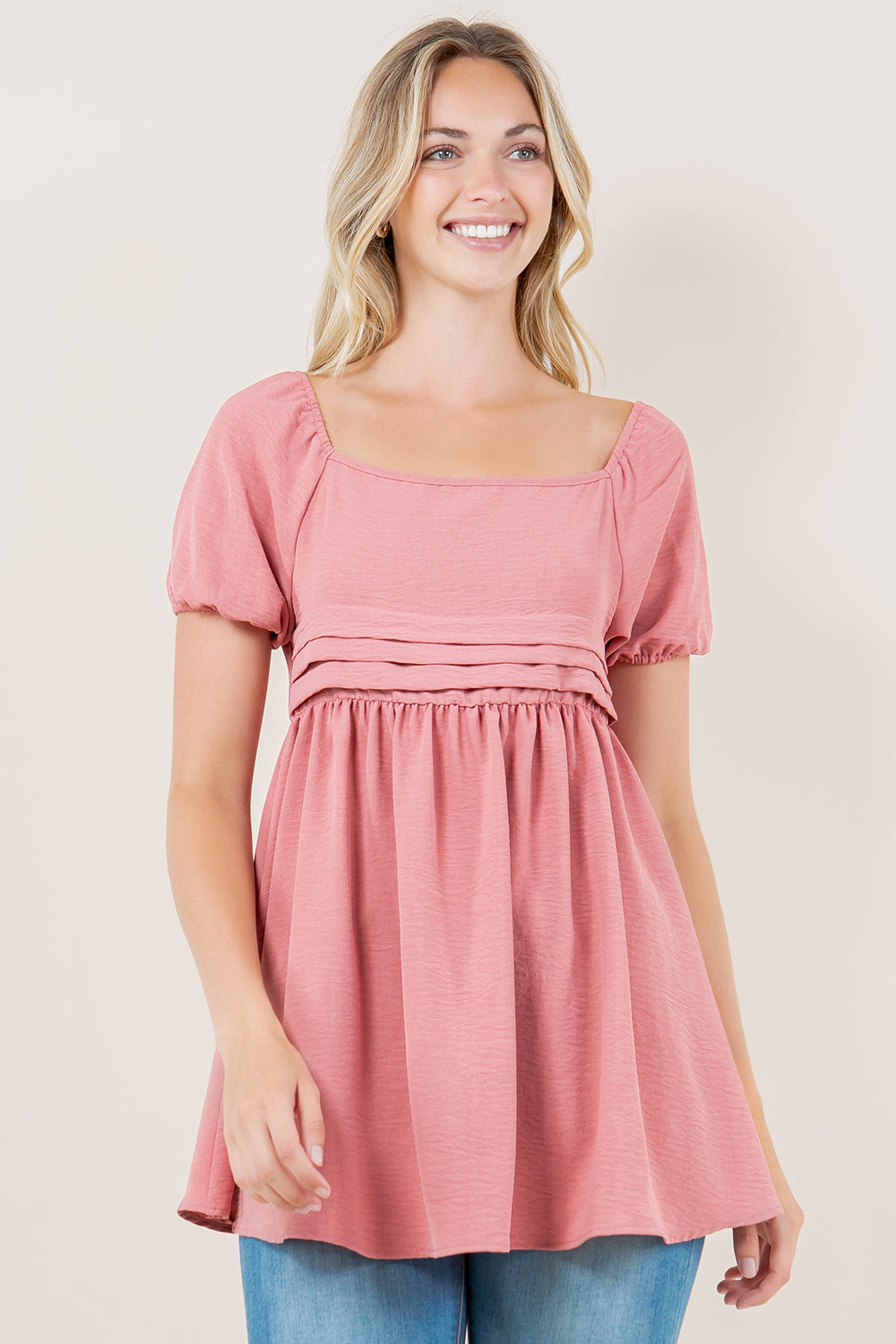 CAP PUFF SS PLEATED BABYDOLL DRESS TOP - T11734-MT-AFLW-MAUVE