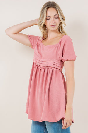 CAP PUFF SS PLEATED BABYDOLL DRESS TOP - T11734-MT-AFLW-MAUVE