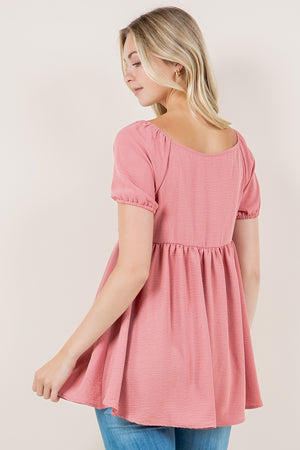 CAP PUFF SS PLEATED BABYDOLL DRESS TOP - T11734-MT-AFLW-MAUVE
