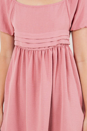 CAP PUFF SS PLEATED BABYDOLL DRESS TOP - T11734-MT-AFLW-MAUVE