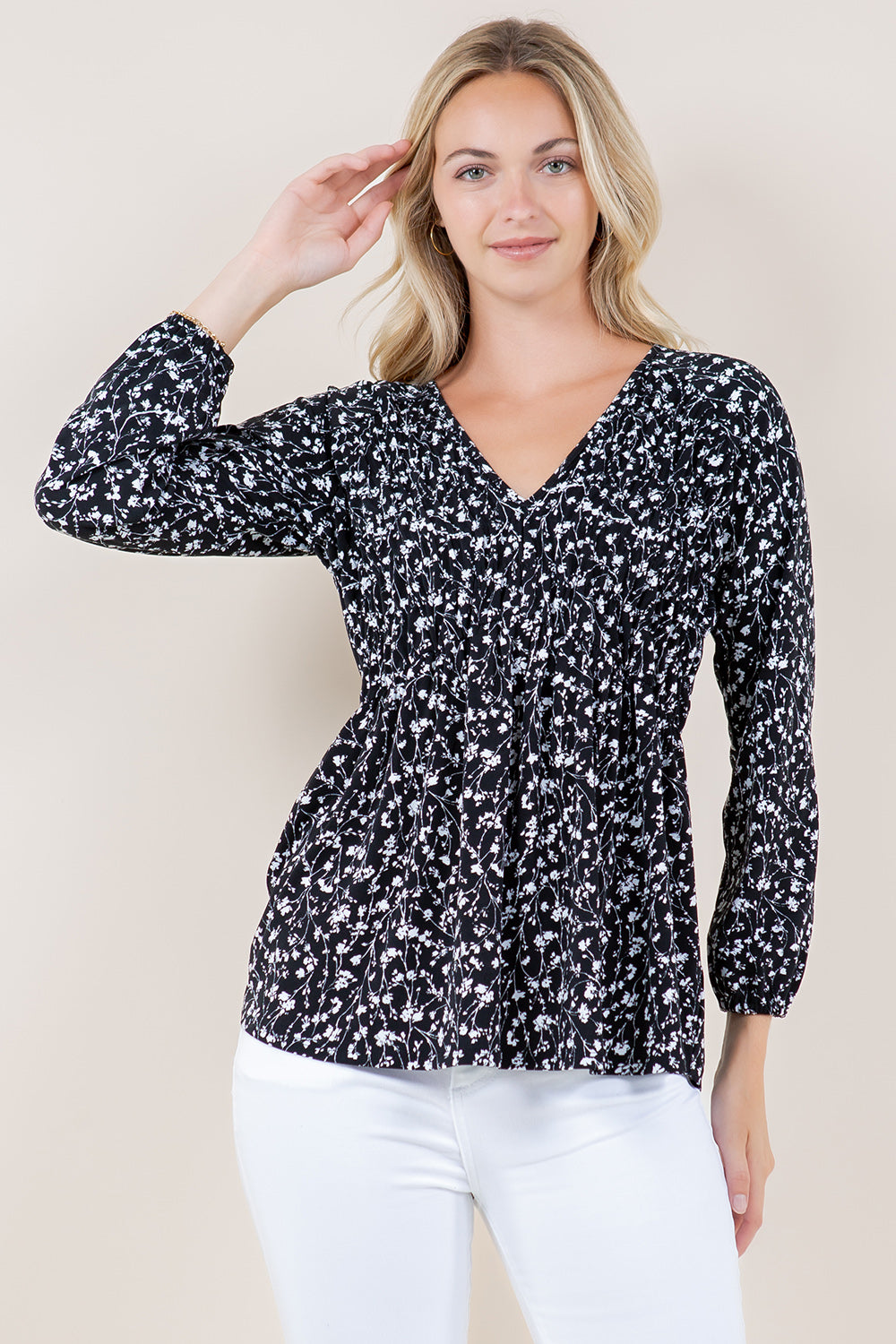 ELB PUFF SLV SHIRRED BABY DOLL TOP - T11737