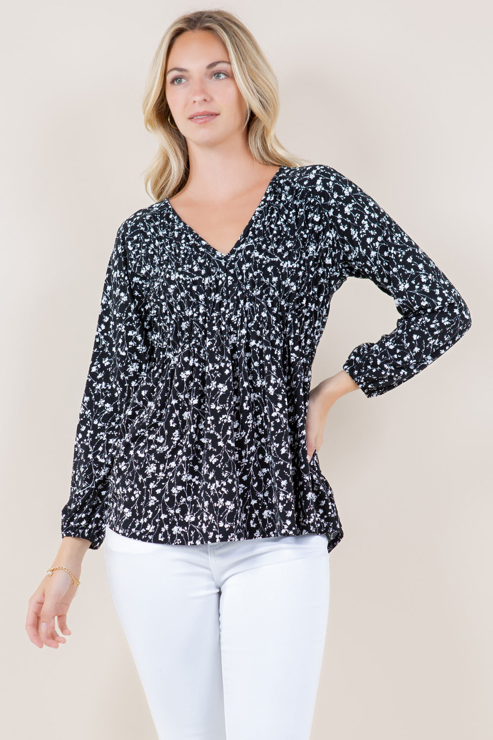 ELB PUFF SLV SHIRRED BABY DOLL TOP - T11737