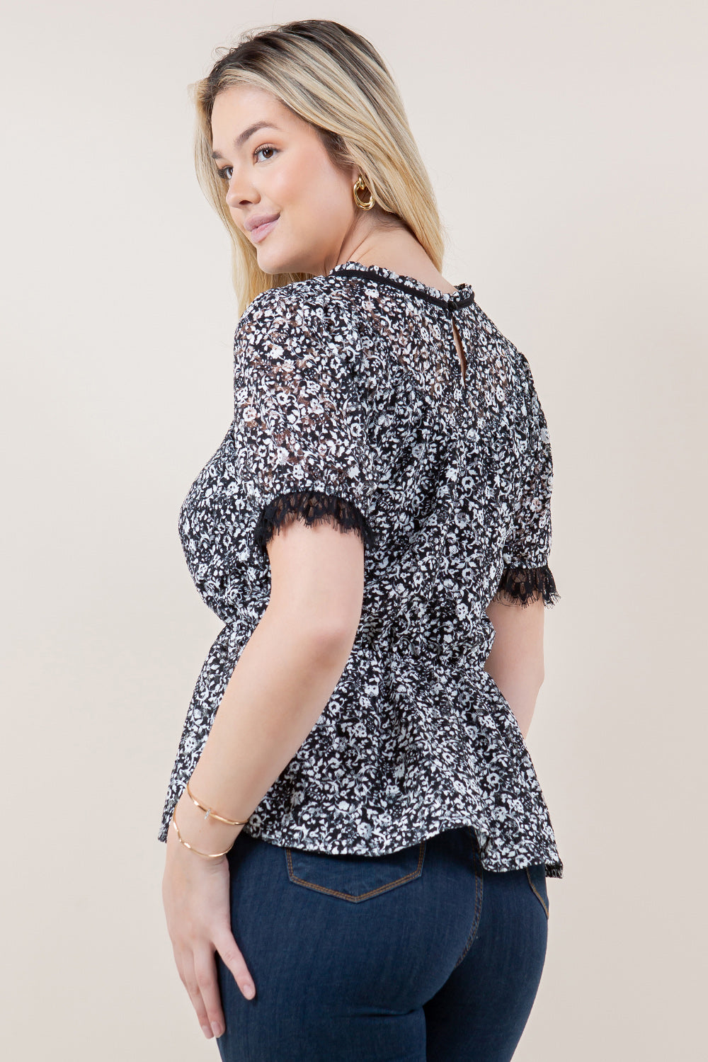 ELBOW SLV RUFFLE NECK ILLUSION YOKE PEPLUM - T11771-99128