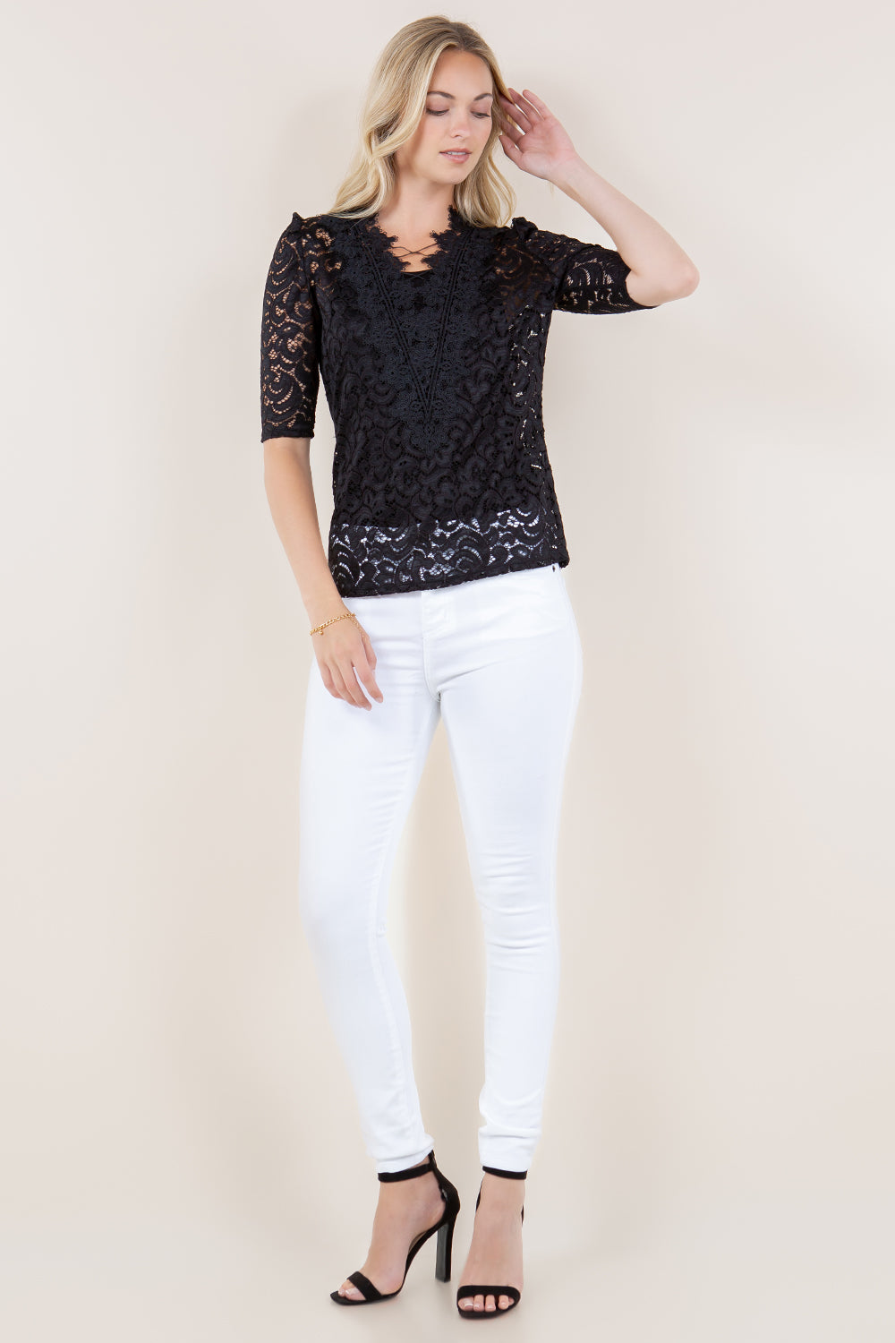 ELB PUFF SLV CROCHET V NK SKINNY TOP - T11772-MALIBU