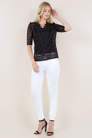 ELB PUFF SLV CROCHET V NK SKINNY TOP - T11772-MALIBU