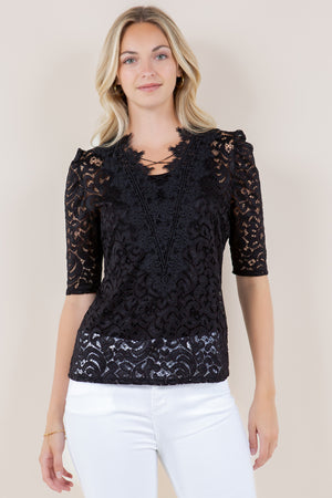 ELB PUFF SLV CROCHET V NK SKINNY TOP - T11772-MALIBU