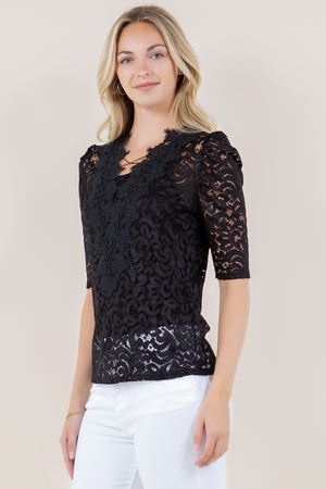 ELB PUFF SLV CROCHET V NK SKINNY TOP - T11772-MALIBU