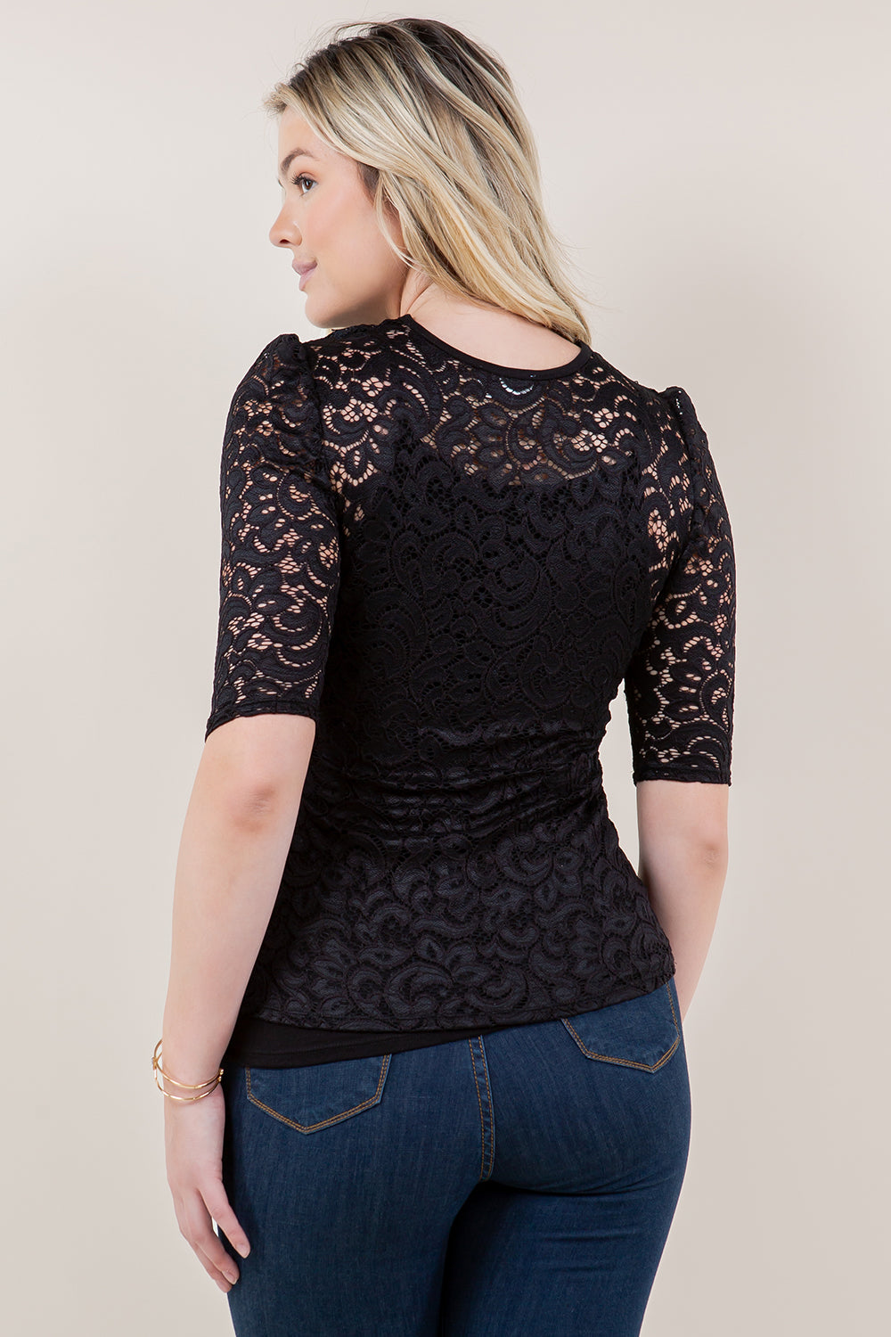 ELBOW PUFF SLV CROCHET V NECK SKINNY TOP - T11772-MALIBU
