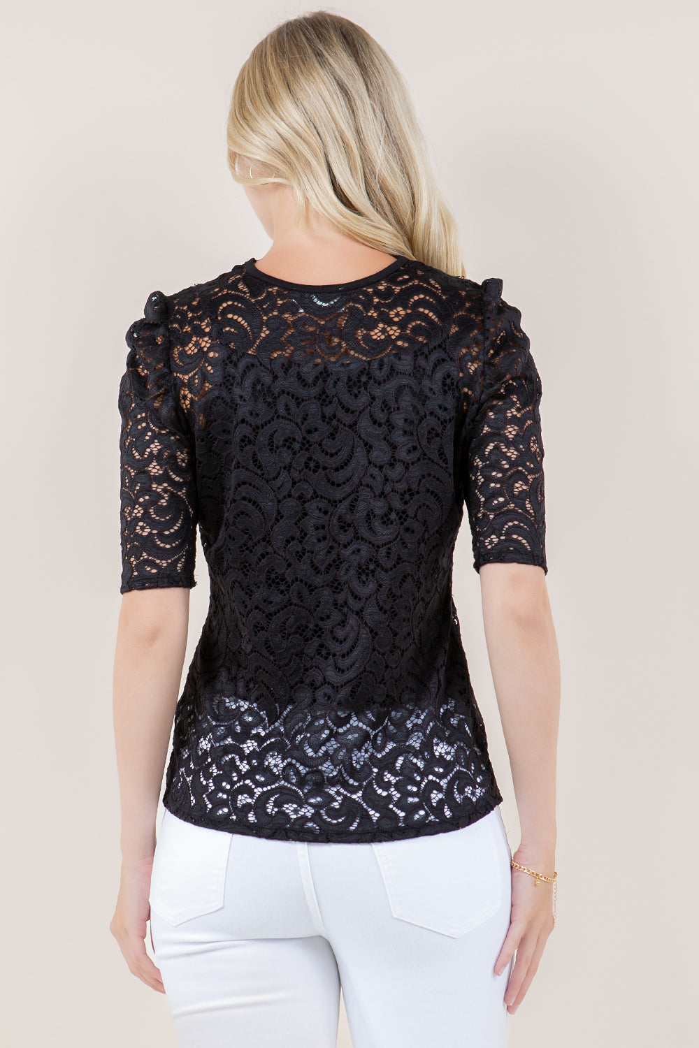 ELB PUFF SLV CROCHET V NK SKINNY TOP - T11772-MALIBU