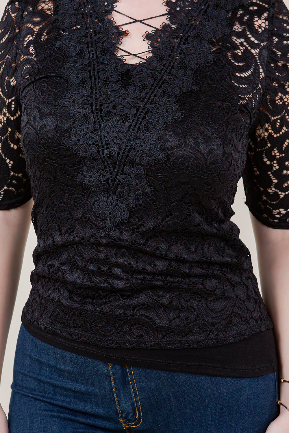 ELBOW PUFF SLV CROCHET V NECK SKINNY TOP - T11772-MALIBU