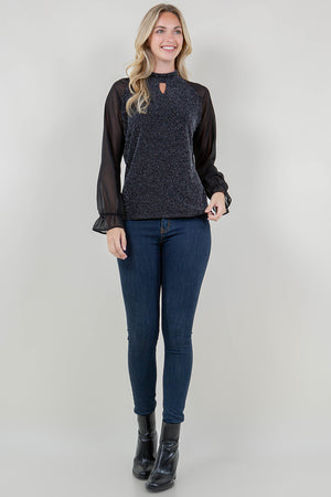 LS RAGLAN ILLUSION NOTCH MOCK NECK TOP - T11798-1109-BLK SIL