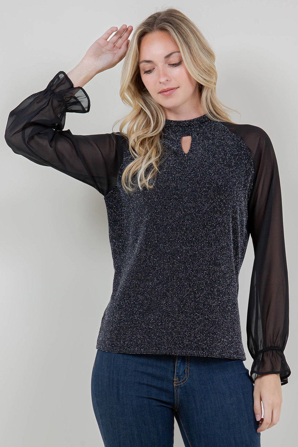 LS RAGLAN ILLUSION NOTCH MOCK NECK TOP - T11798-1109-BLK SIL