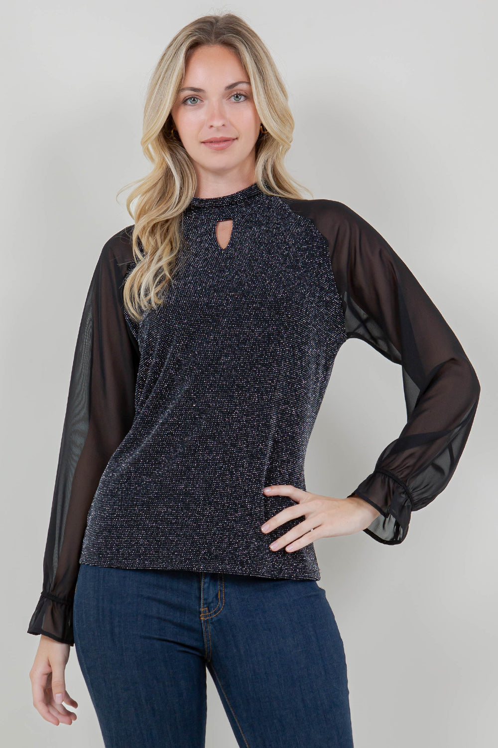 LS RAGLAN ILLUSION NOTCH MOCK NECK TOP - T11798-1109-BLK SIL