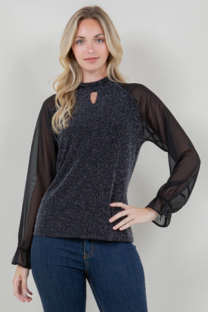 LS RAGLAN ILLUSION NOTCH MOCK NECK TOP - T11798-1109-BLK SIL