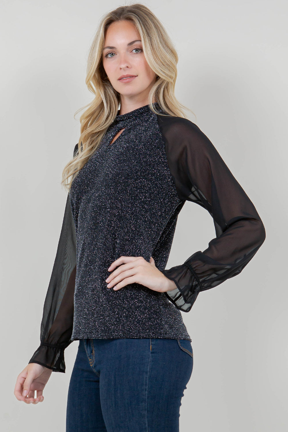 LS RAGLAN ILLUSION NOTCH MOCK NECK TOP - T11798-1109-BLK SIL