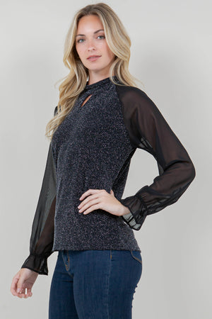 LS RAGLAN ILLUSION NOTCH MOCK NECK TOP - T11798-1109-BLK SIL