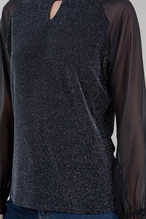 LS RAGLAN ILLUSION NOTCH MOCK NECK TOP - T11798-1109-BLK SIL