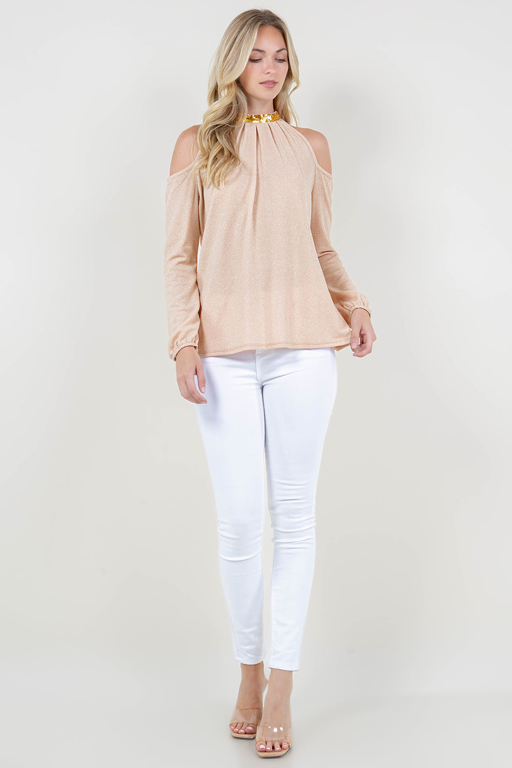 LS COLD SHOULDER SEQUIN MOCK NK TOP - T11804-1109-CHAMP
