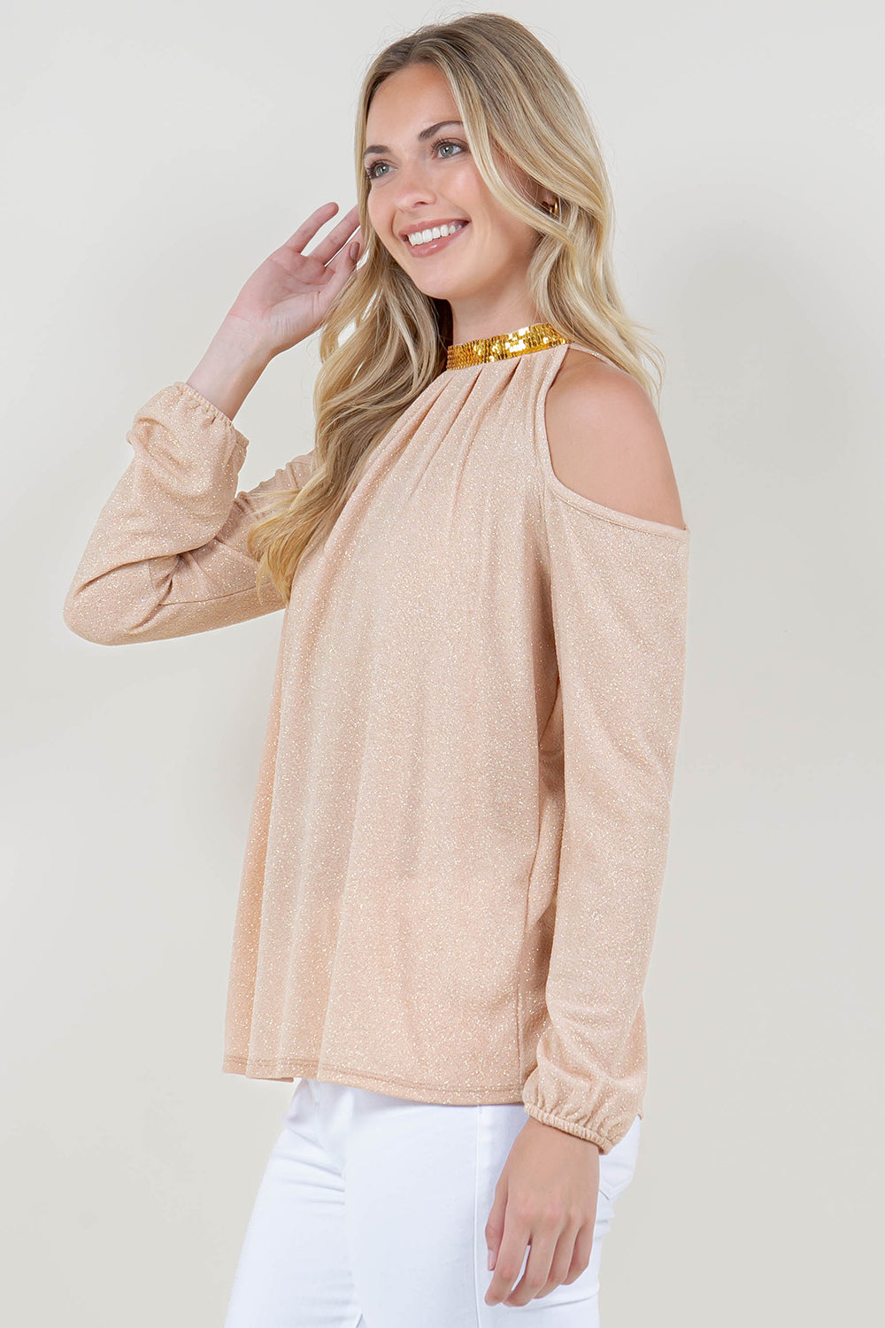 LS COLD SHOULDER SEQUIN MOCK NK TOP - T11804-1109-CHAMP