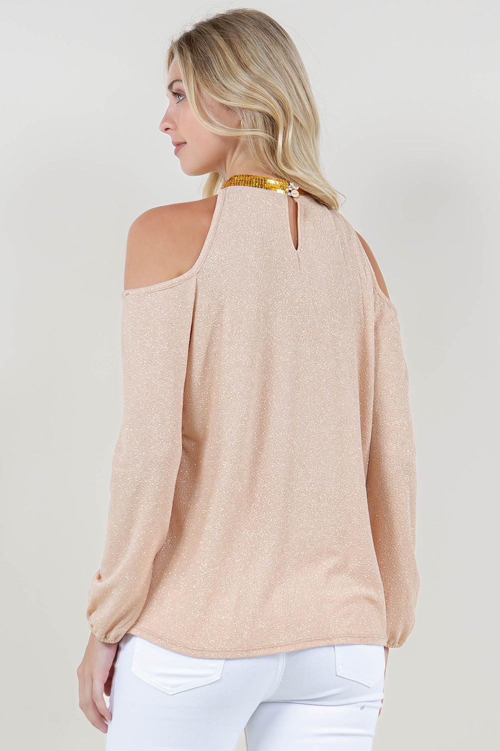LS COLD SHOULDER SEQUIN MOCK NK TOP - T11804-1109-CHAMP