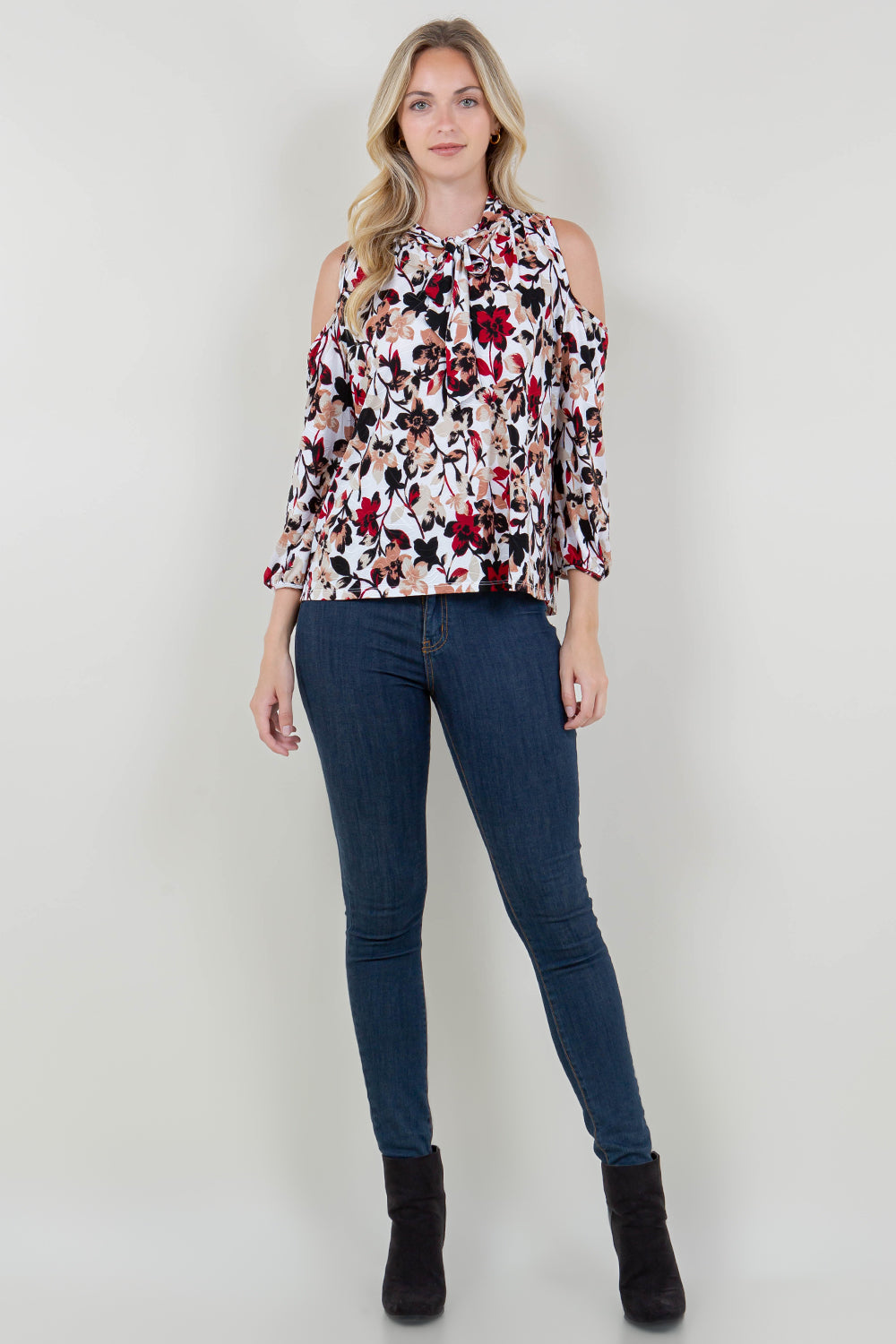 3/4 COLD SHOULDER SLV TIE FRONT NOTCH NK TOP - T11862PE-A0200