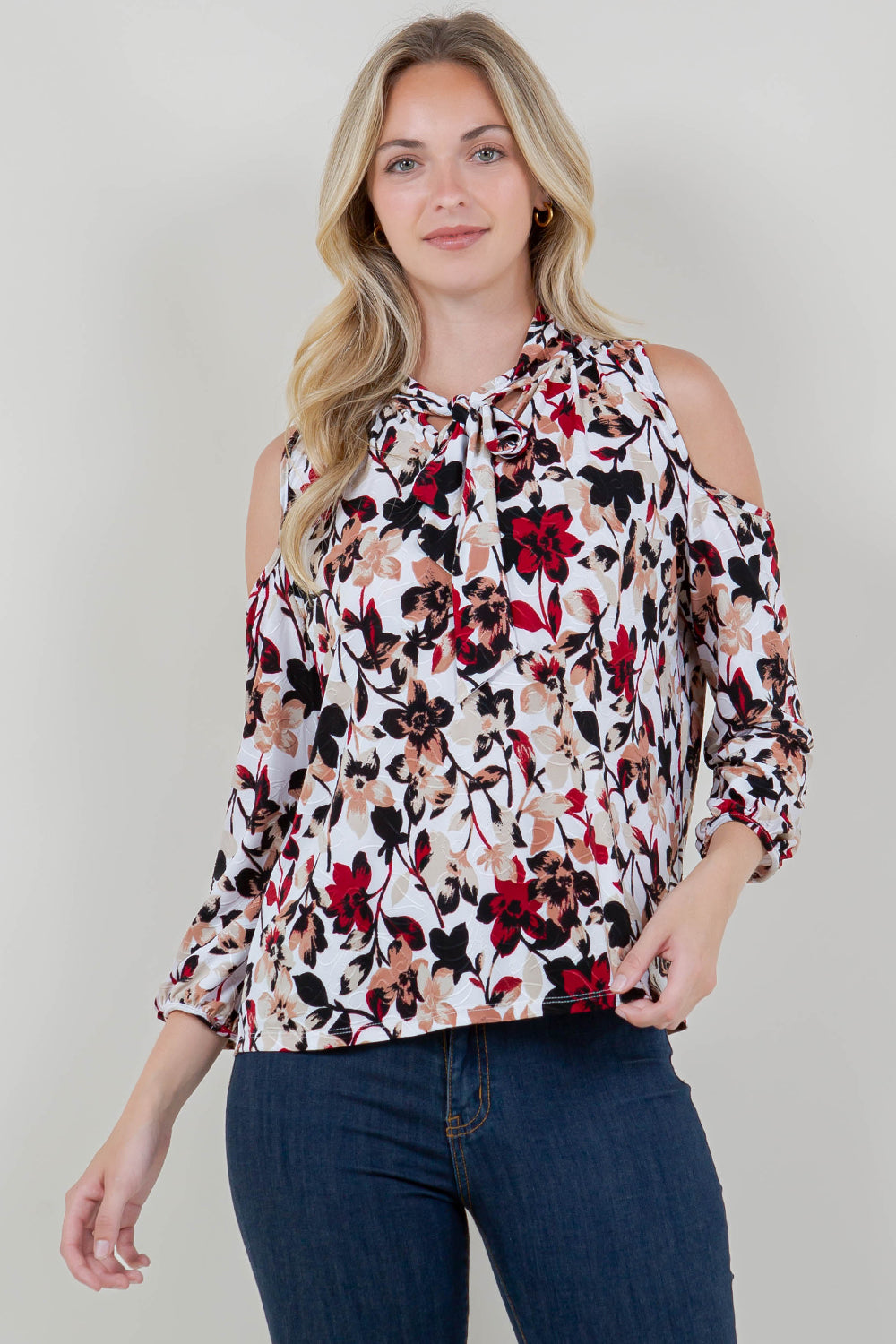 3/4 COLD SHOULDER SLV TIE FRONT NOTCH NK TOP - T11862PE-A0200