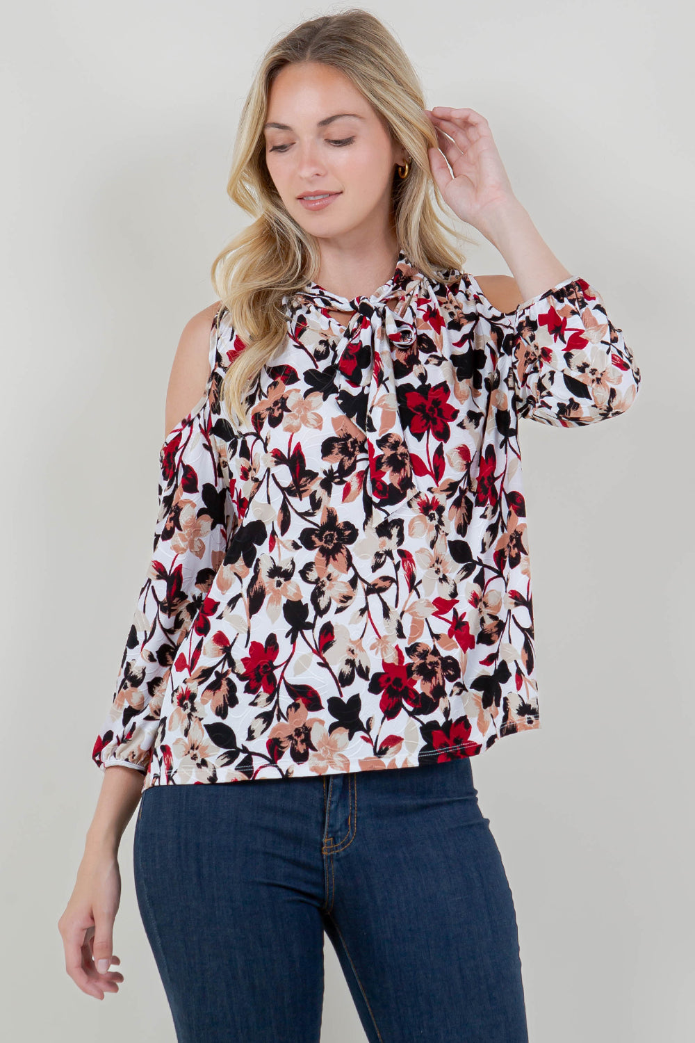 3/4 COLD SHOULDER SLV TIE FRONT NOTCH NK TOP - T11862PE-A0200