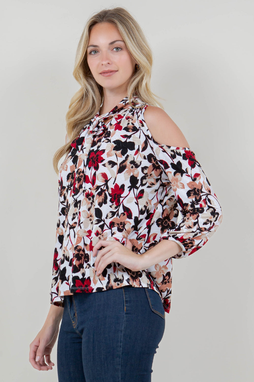 3/4 COLD SHOULDER SLV TIE FRONT NOTCH NK TOP - T11862PE-A0200