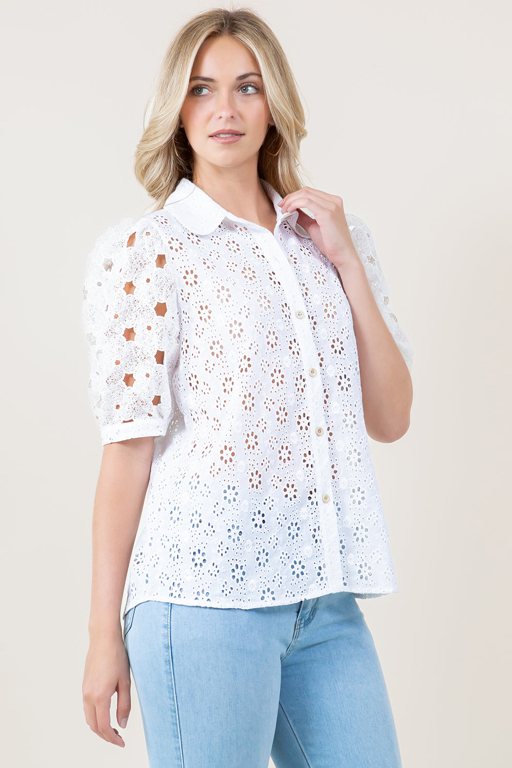ELBOW SLV LANTERN EYELET SHIRT - T11993-EYLT