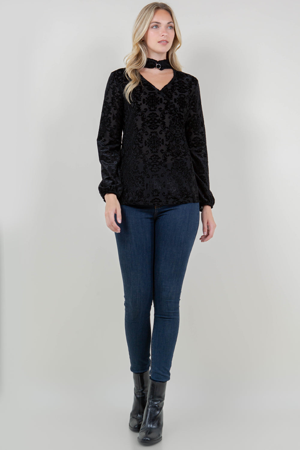 LS SURPLICE MOCK NECK SWING TOP - T12004-BRNOUT-BLK
