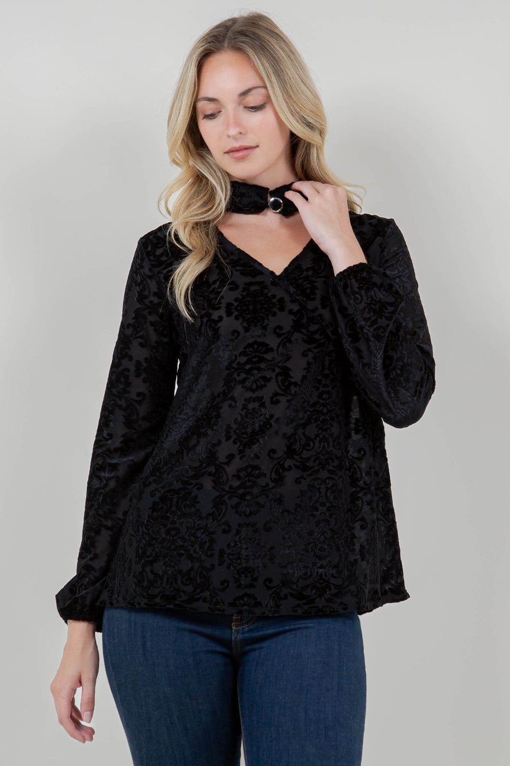 LS SURPLICE MOCK NECK SWING TOP - T12004-BRNOUT-BLK