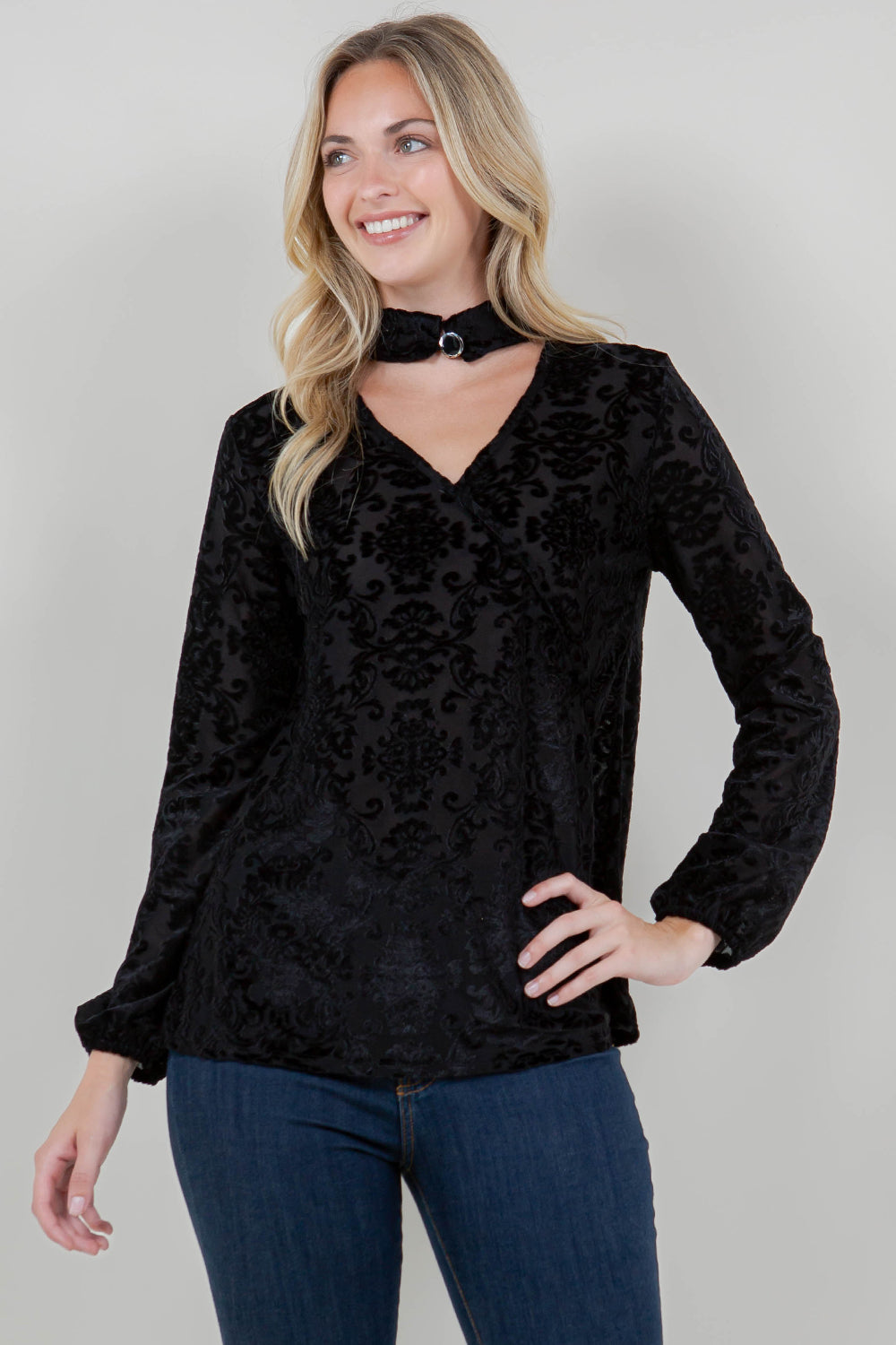 LS SURPLICE MOCK NECK SWING TOP - T12004-BRNOUT-BLK