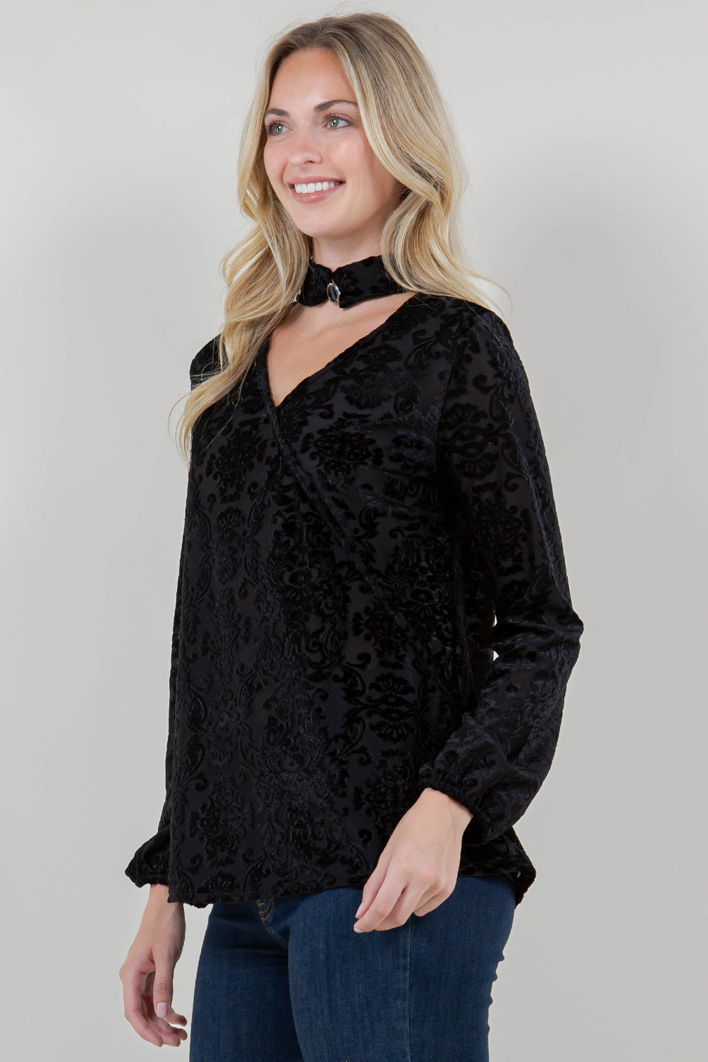 LS SURPLICE MOCK NECK SWING TOP - T12004-BRNOUT-BLK
