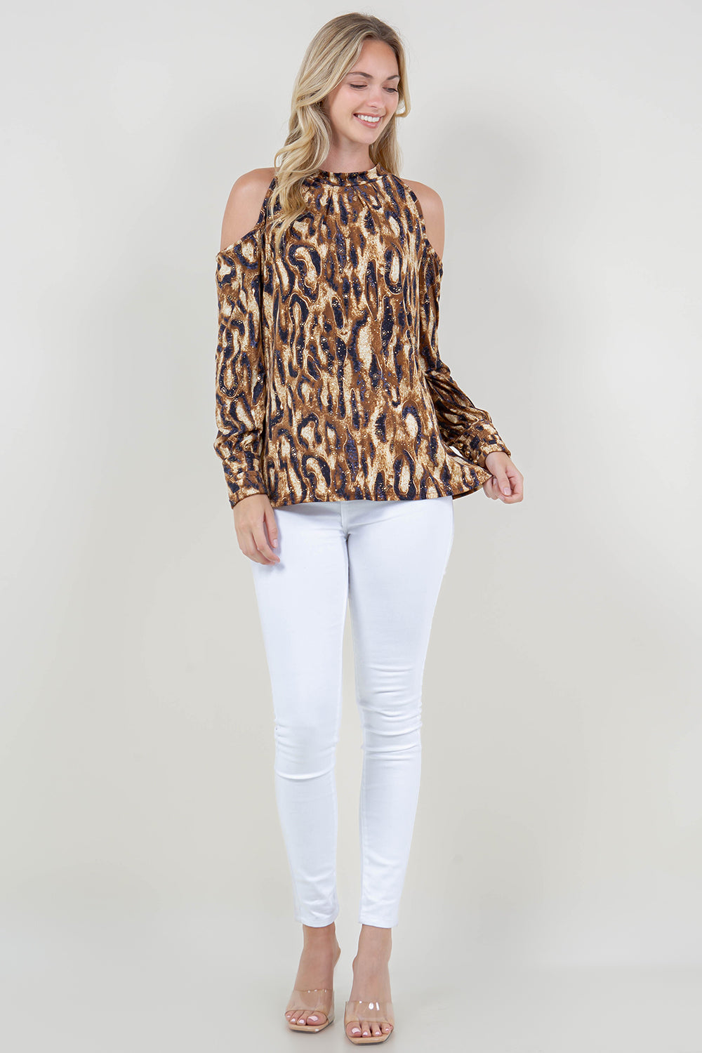 LS PLEATED COLD SHOULDER MOCK NK TOP - T12006-G105775